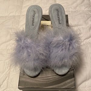 Jeffrey Campbell baby blue feather heels.